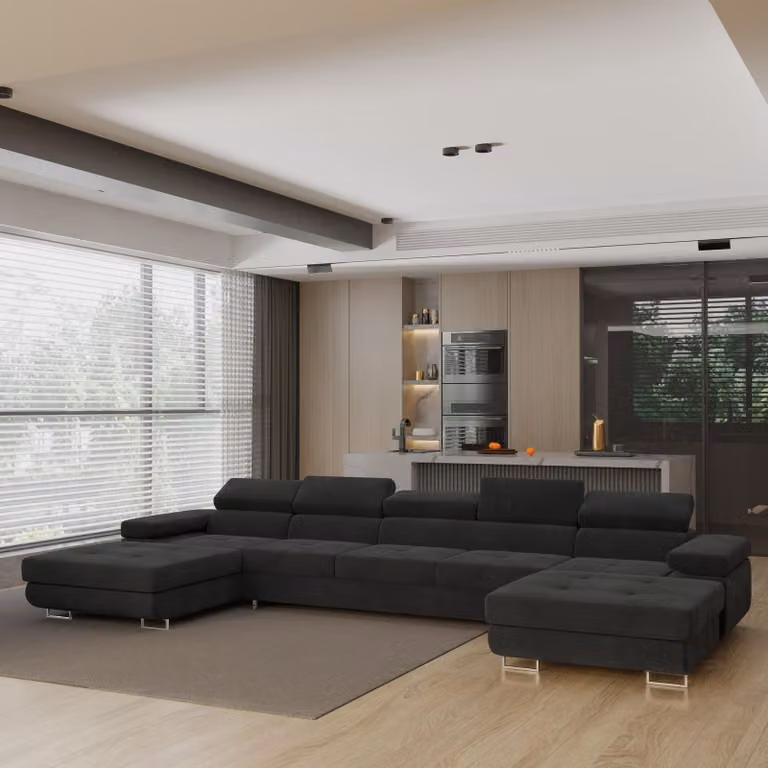 Divano angolare OMBRA di Masseno con funzione letto a U, divano con box letto, divano da soggiorno, divano, divano letto, set di divani - nero, MONOLITH 95