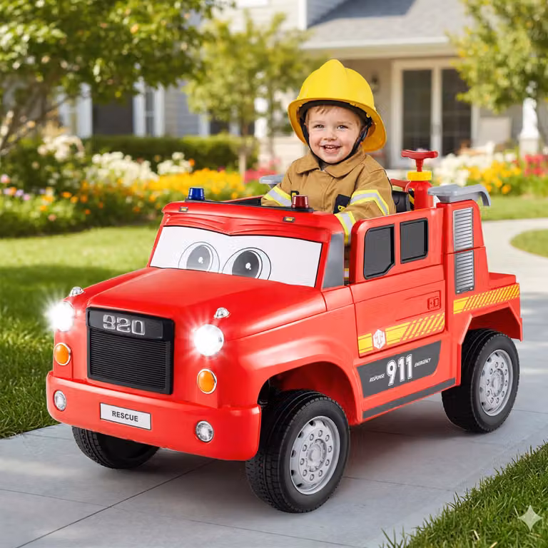 Camion dei pompieri elettrico Costway 12V con spruzzatore e telecomando per bambini, Rosso