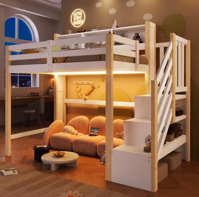 Letto a castello con LED e scala contenitore 90x200 cm in pino bianco e naturale