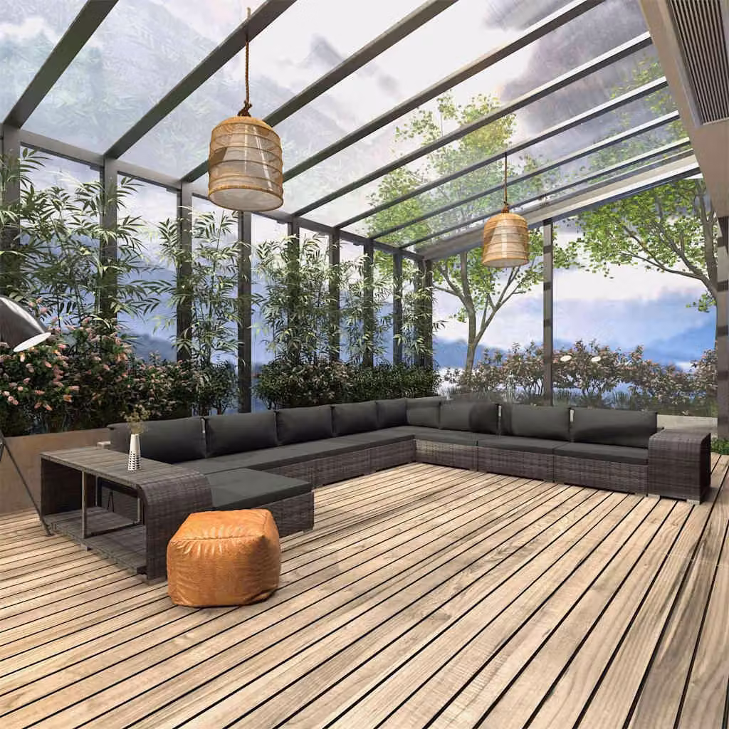 vidaXL Set Divani da Giardino 11 pz a Forma a L in Polyrattan Grigio con Cuscini e Tavolino da Esterno