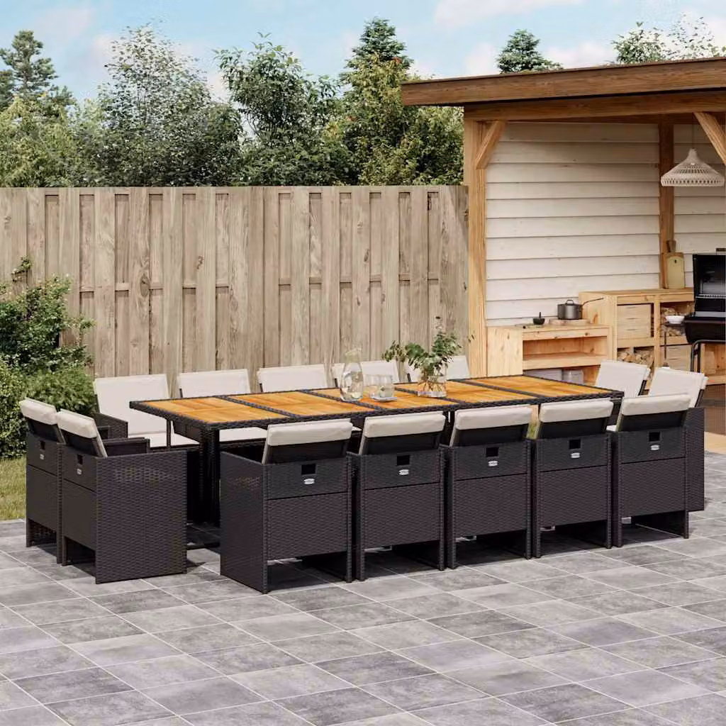 vidaXL Set da Pranzo da Giardino 15 pz in Polyrattan e Legno di Acacia con Cuscini Nero – 1