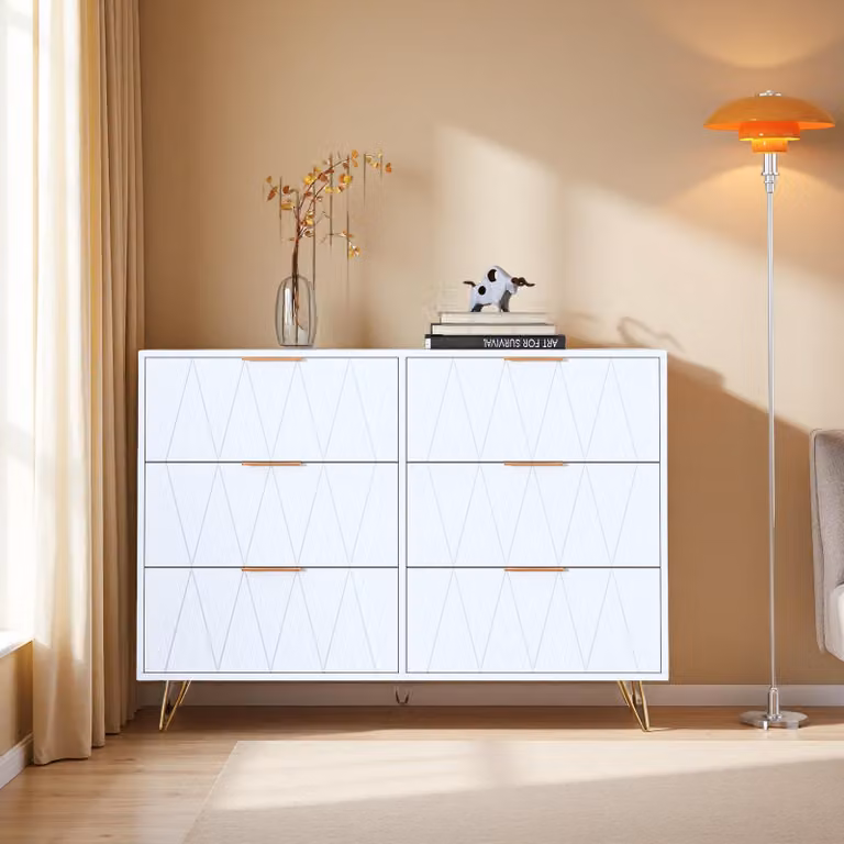 UnboxG Comò a 6 cassetti, bianco, credenza / armadio contenitore con frontale a rombi, mobile da soggiorno, comò da camera da letto, armadio contenitore