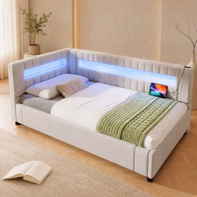 Divano letto 90x200 cm beige in lino con vano contenitore idraulico