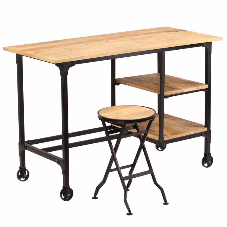 The Living Store Scrivania con sgabello pieghevole in legno massiccio di mango 115x50x76 cm