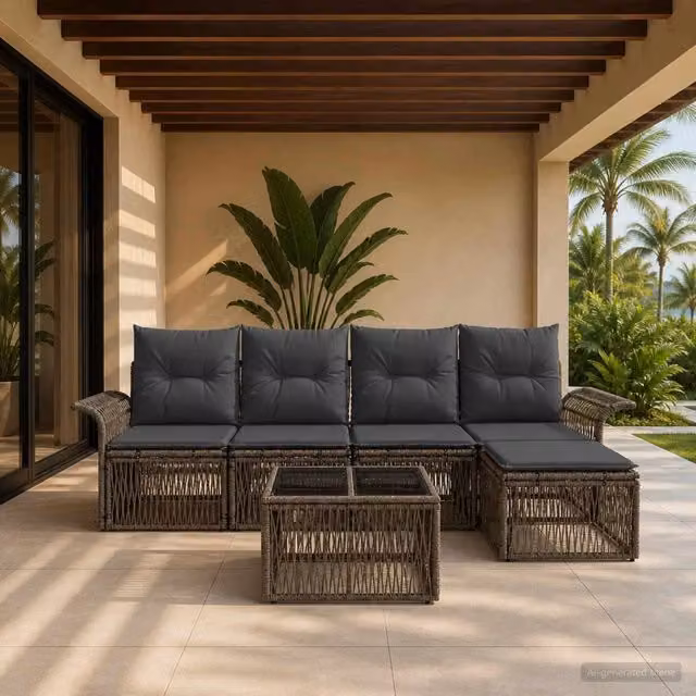 Set Divano da Giardino a L con Tavolino e Pouf vidaXL, 6 Pezzi, Grigio