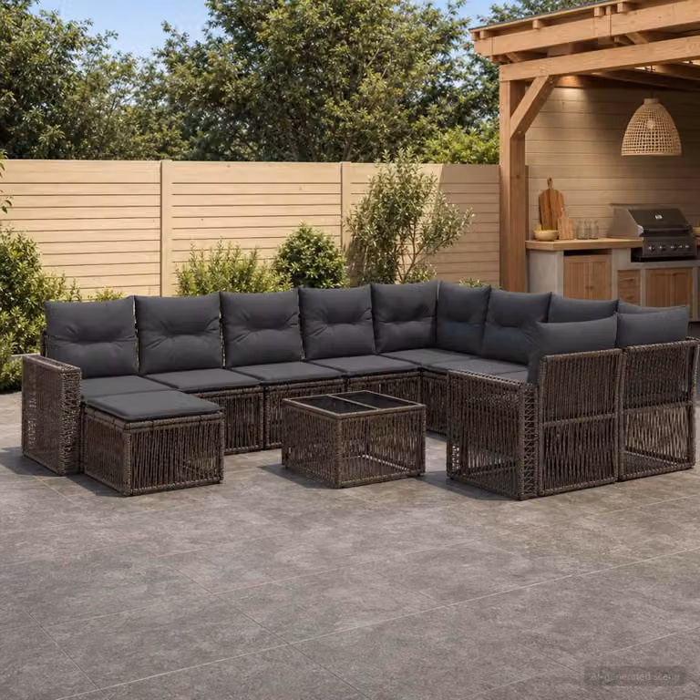 Set Divano da Giardino vidaXL 11 Pezzi a Forma di U in Polyrattan Grigio con Cuscini e Tavolino
