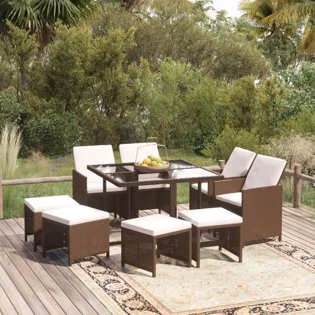 Set Divani da Giardino 9 pz con Cuscini in Polyrattan Marrone 3095514