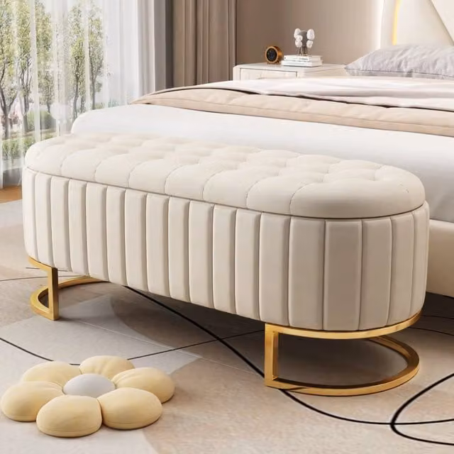 Panca contenitore 120x39,9x43 cm beige, seduta imbottita in velluto, gambe in metallo