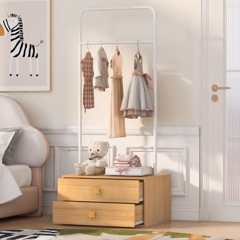 Appendiabiti Merax con 2 cassetti, porta abiti per bambini con barra appendiabiti e pomelli a forma di stella, ideale per l'organizzazione dell'armadio e della camera dei bambini, design naturale