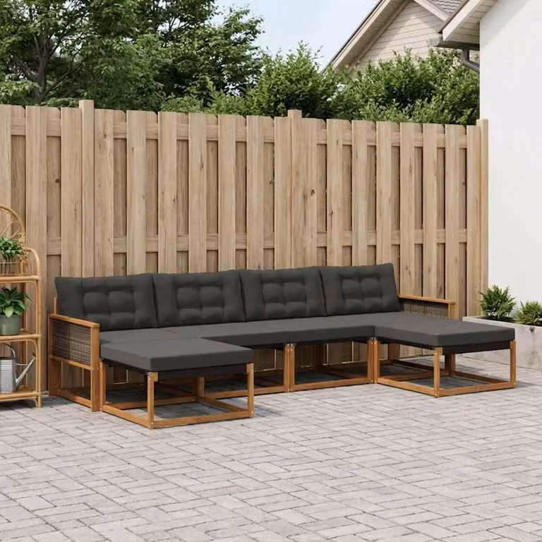 Set di divani da esterno vidaXL a forma di L composto da 6 pezzi in legno di acacia e textilene con cuscini e pouf, Colore Naturale, Nero e Grigio