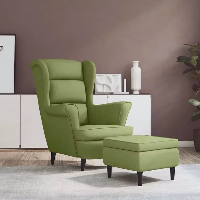 Divano Sedia-Poltrona Schienale ad Ala con Poggiapiedi Verde Chiaro Velluto