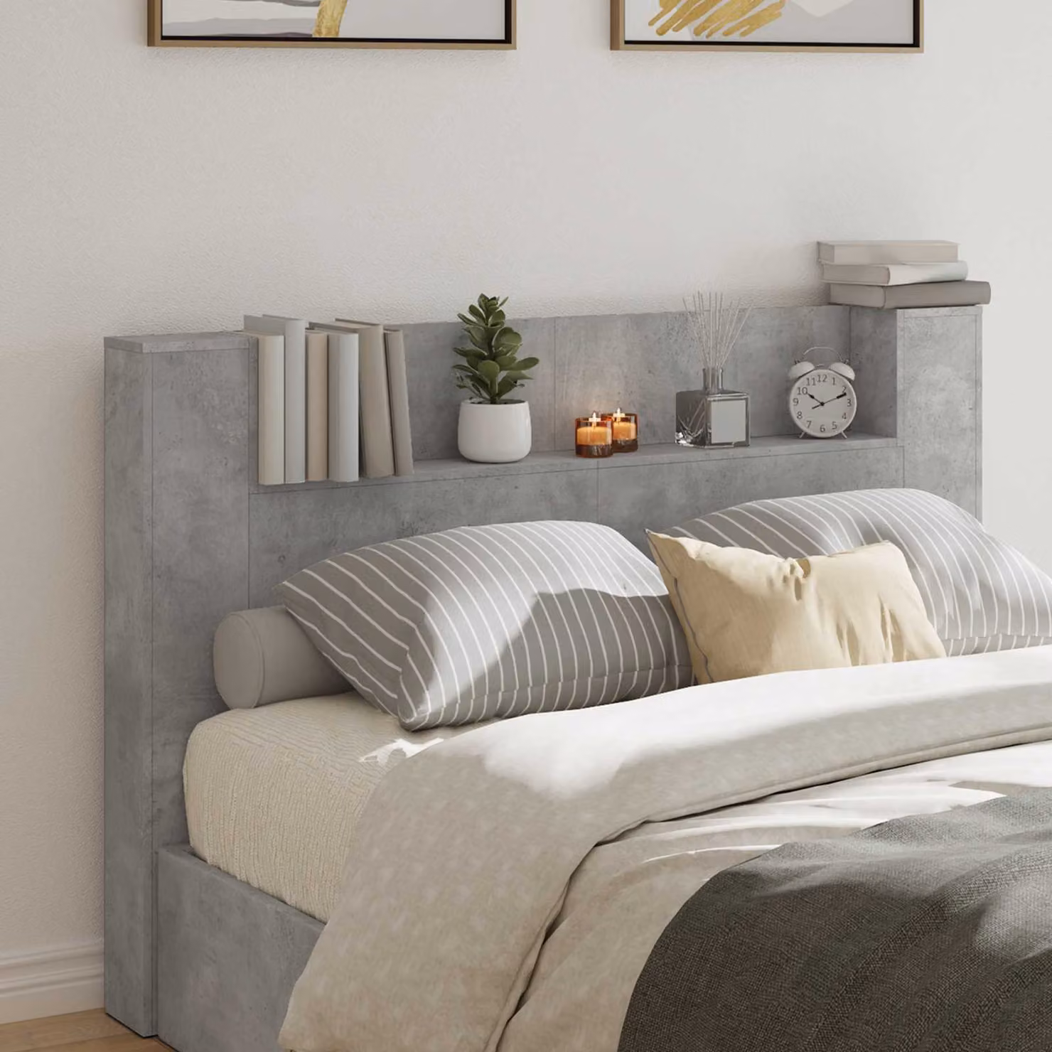 vidaXL Testiera con Stoccaggio, LED Integrato e Porte USB, Grigio Cemento, L: 160 cm, H: 103,5 cm, P: 23,3 cm