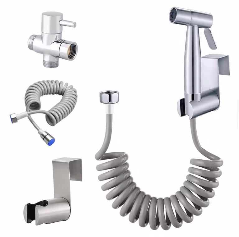 Doccia per bidet con valvola doppia da G1/2 pollici - Spruzzatore per doccia WC - Acciaio inossidabile - Tubo flessibile da 1,5 metri - Valvola a 3 vie - Materiali di alta qualità