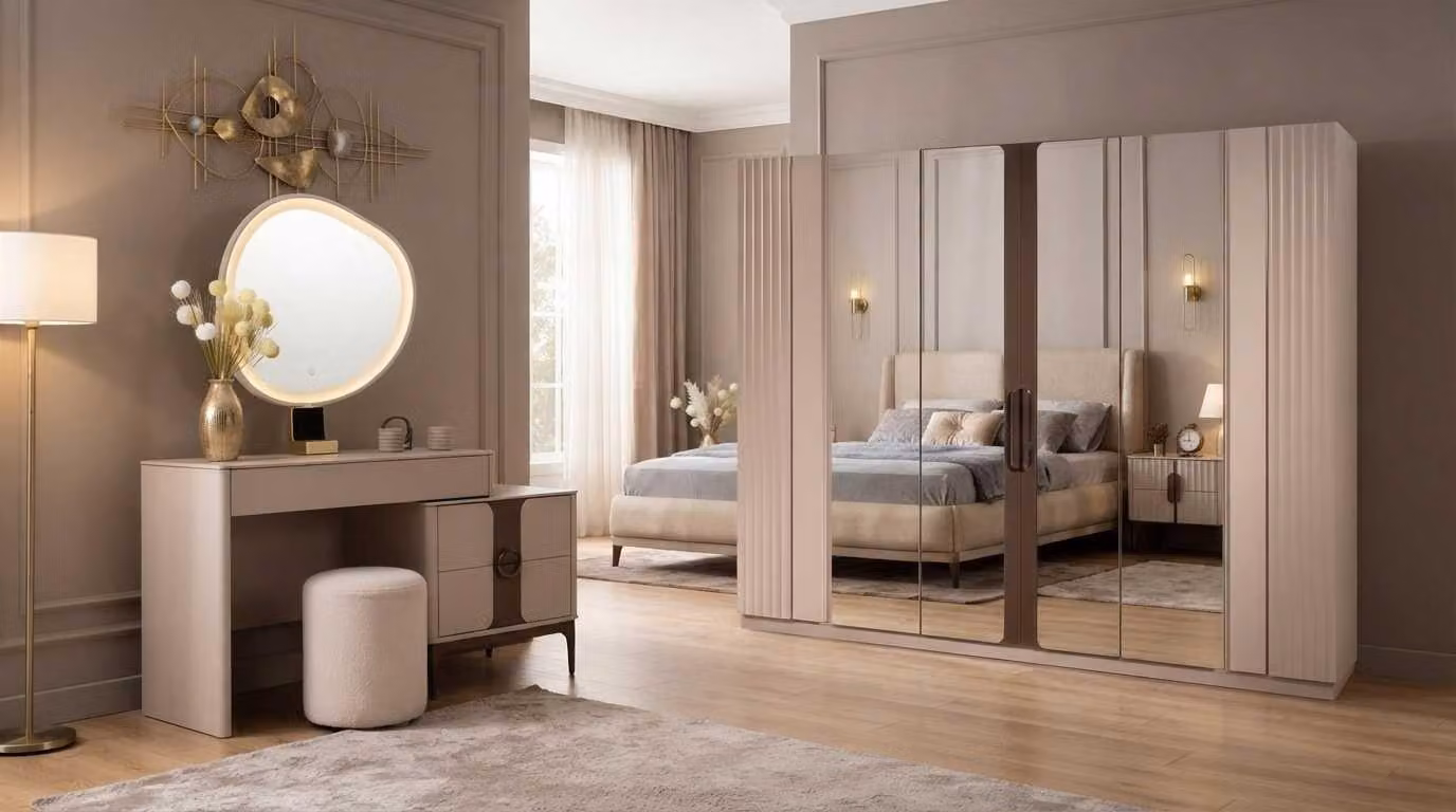 Set per camera da letto beige, moderno, composto da armadio, comò da trucco e poggiapiedi