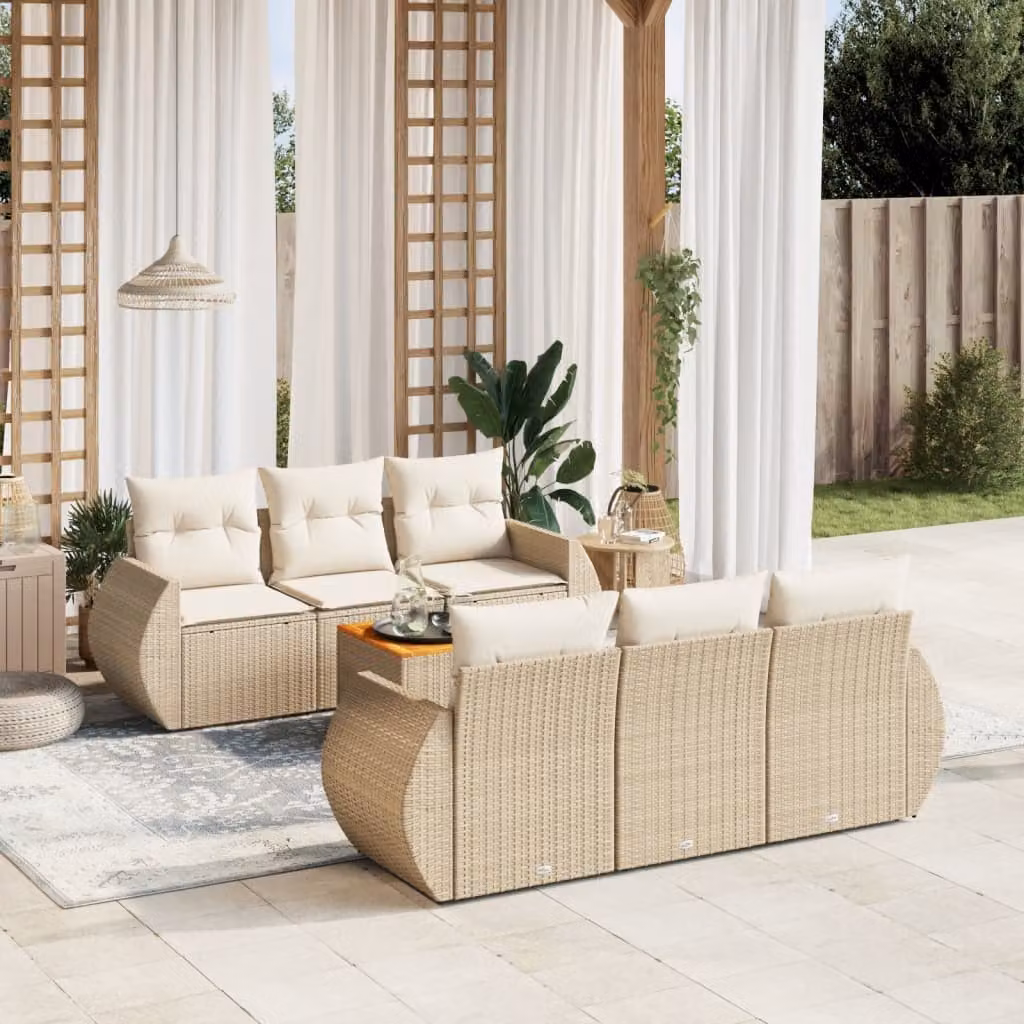 Set Divani da Giardino vidaXL 7 Pezzi con Cuscini Beige e Tavolino, Struttura in Acciaio e Polyrattan per Terrazza e Giardino – 1