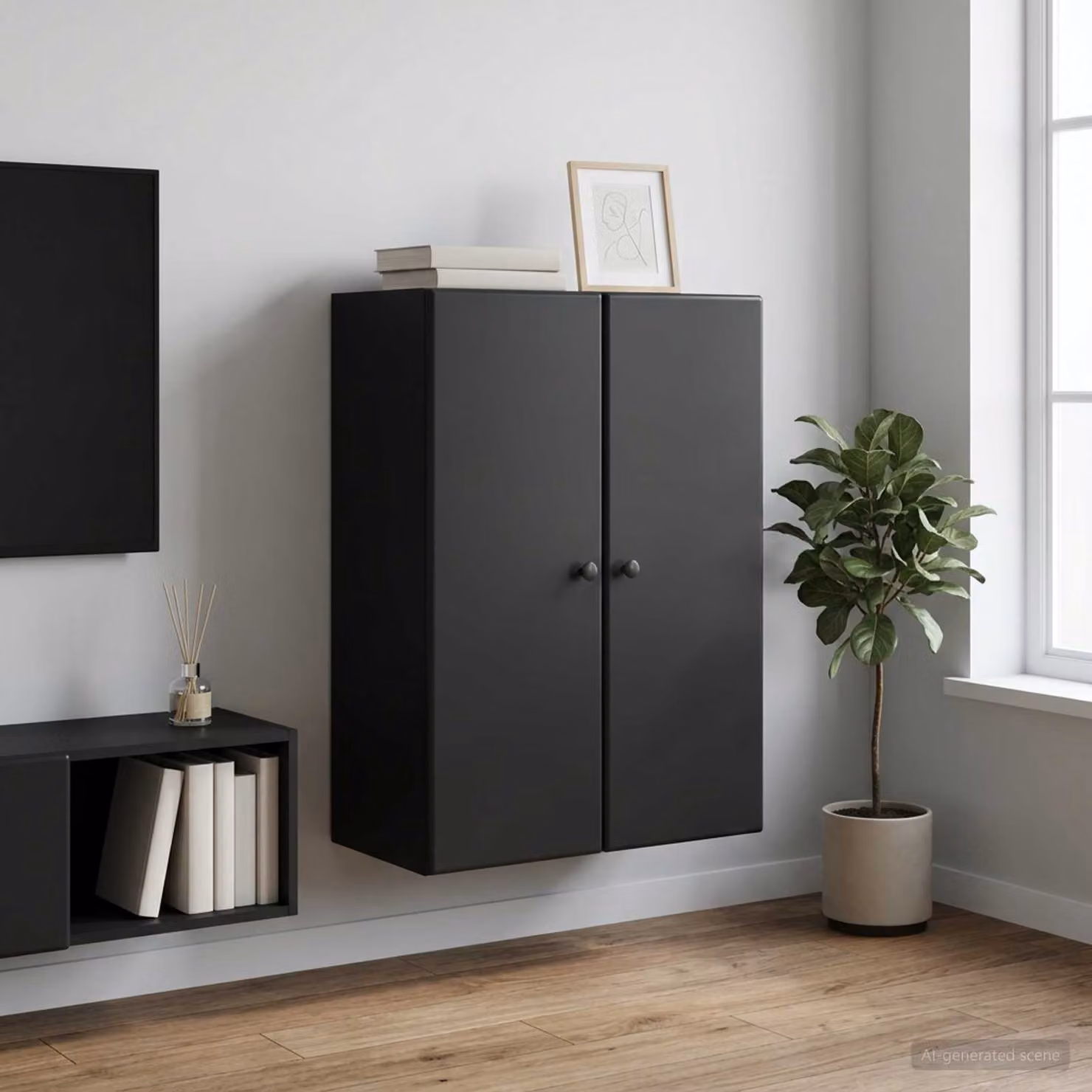 Mobiletto a muro moderno vidaXL in legno ingegnerizzato nero con ante a battente e ripiani interni L: 66 cm, P: 34,5 cm, H: 90 cm