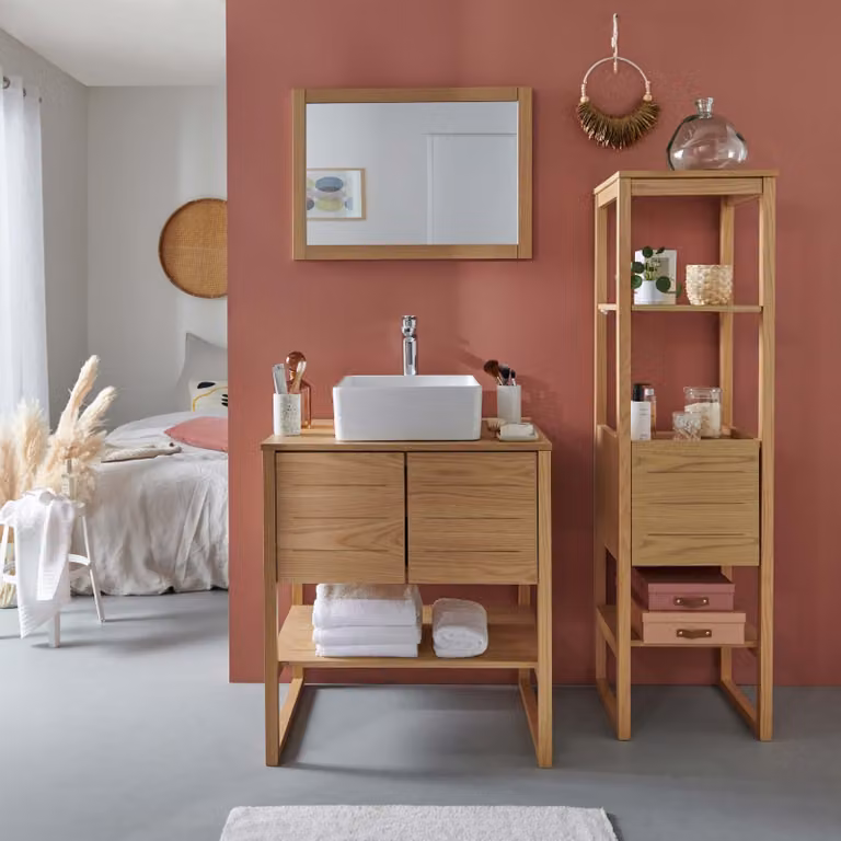 Mobile 70cm rovere colonna lavabo quadrato rubinetto specchio ATOLL