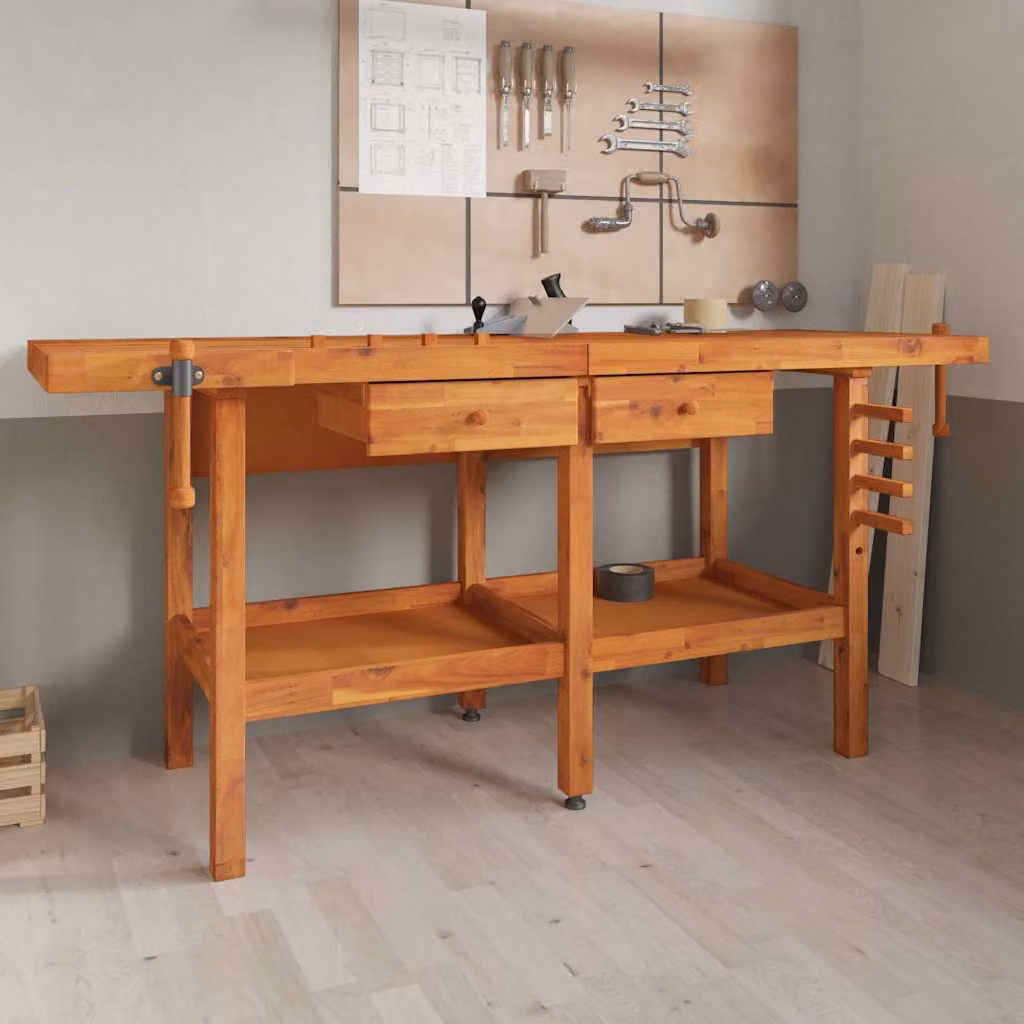vidaXL Banco da Lavoro in Legno di Acacia con Cassetti e Morse, Marrone, L: 192 cm, P: 62 cm, H: 83 cm