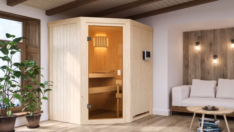 Sauna Woodfeeling Faurin (ingresso ad angolo), porta a tutto vetro, bronzata, riscaldatore 9 kW controllo esterno semplice