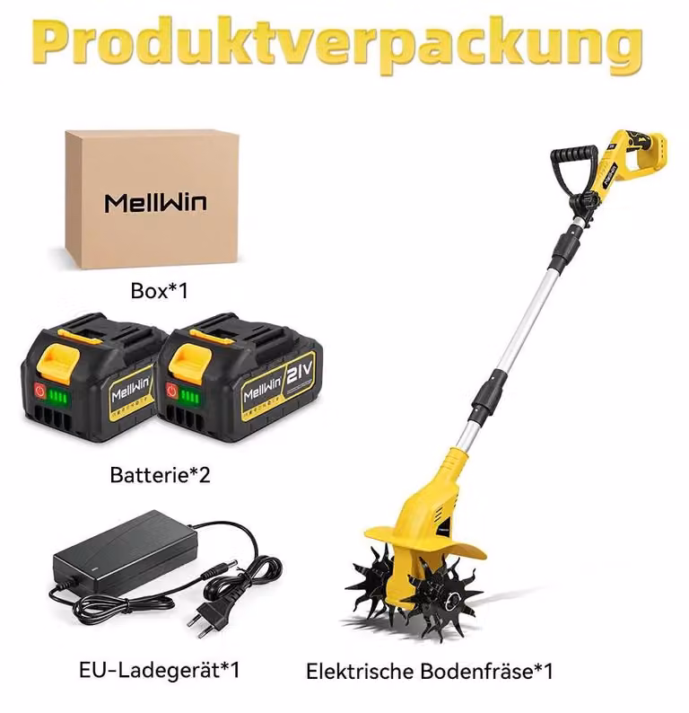 Fresatrice elettrica a batteria per terreno – Coltivatore da giardino 18V – 1600W – 1000 giri/min – Profondità di lavoro 16 cm / Larghezza 22 cm – Include 2 batterie da 3,0Ah