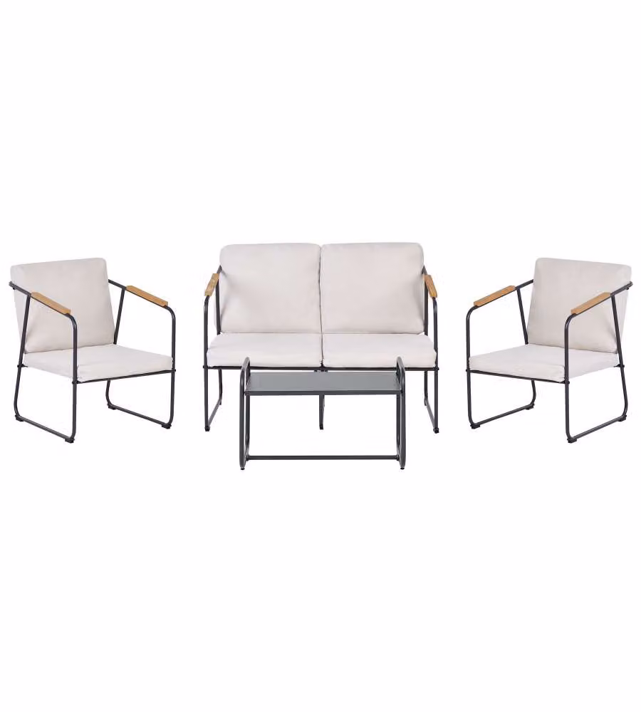 Set Completo Salotto da Giardino Domo Mea Milos in Ferro Nero con Cuscini Beige Ecrù composto da Divanetto, Poltrone e Tavolino