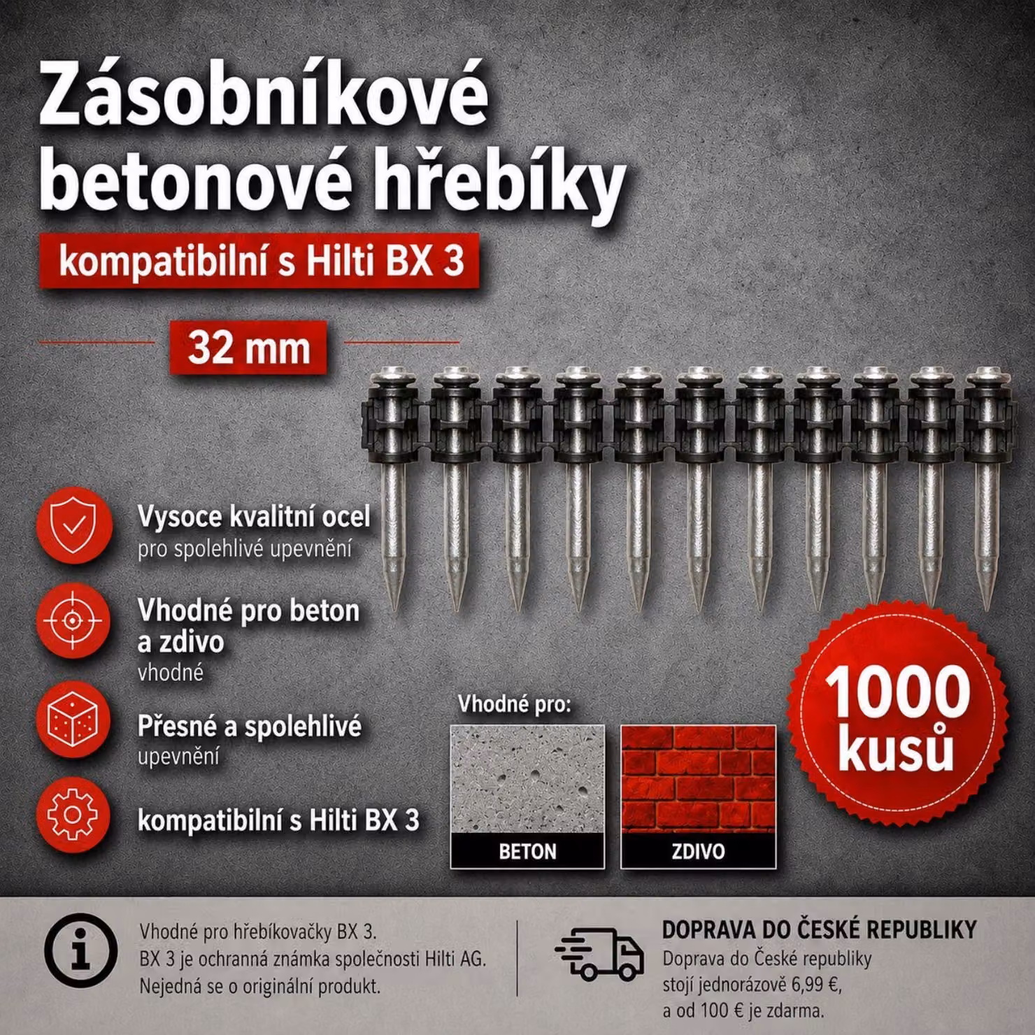 Chiodi in acciaio per calcestruzzo, 32 mm – confezione da 1000 pezzi, compatibili con Hilti BX 3 – per calcestruzzo e muratura