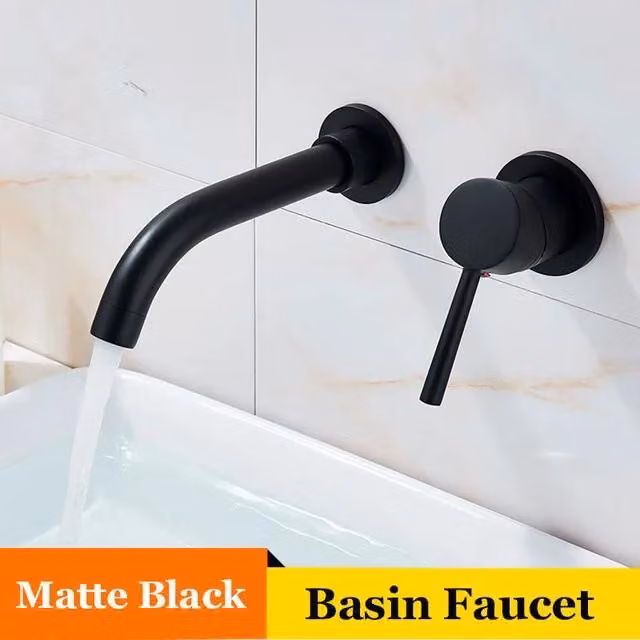 Miscelatore per lavabo da bagno - Montaggio a parete - Rubinetto con installazione a incasso - Bocchetta a cascata da 70 cm - Girevole a 360° - Miscelatore monocomando per acqua calda/fredda - Finitura nera opaca