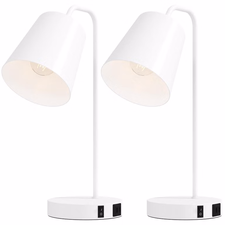 Set 2 Lampade da Tavolo Moderne con Porte USB Attacco E27 in Acciaio Bianco