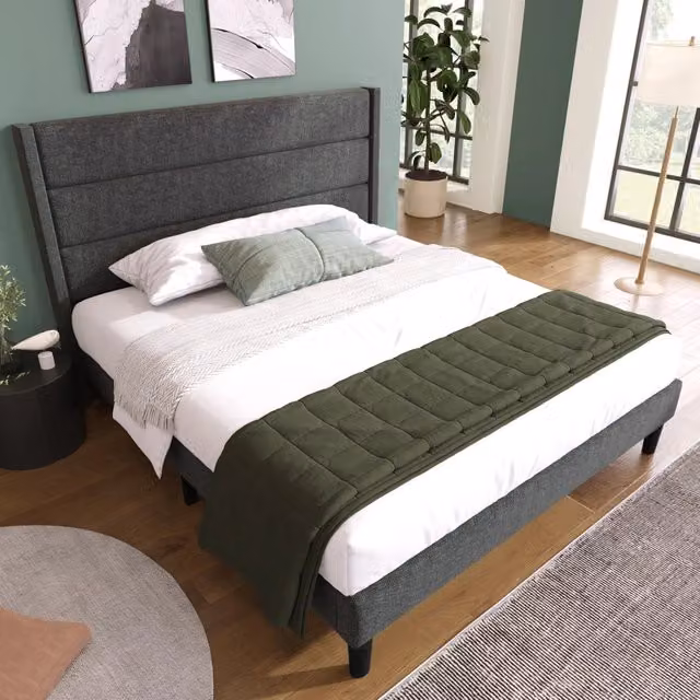 Letto matrimoniale 140 × 200 cm 2 posti, testiera imbottita e materasso H3 a 7 zone, in lino grigio scuro