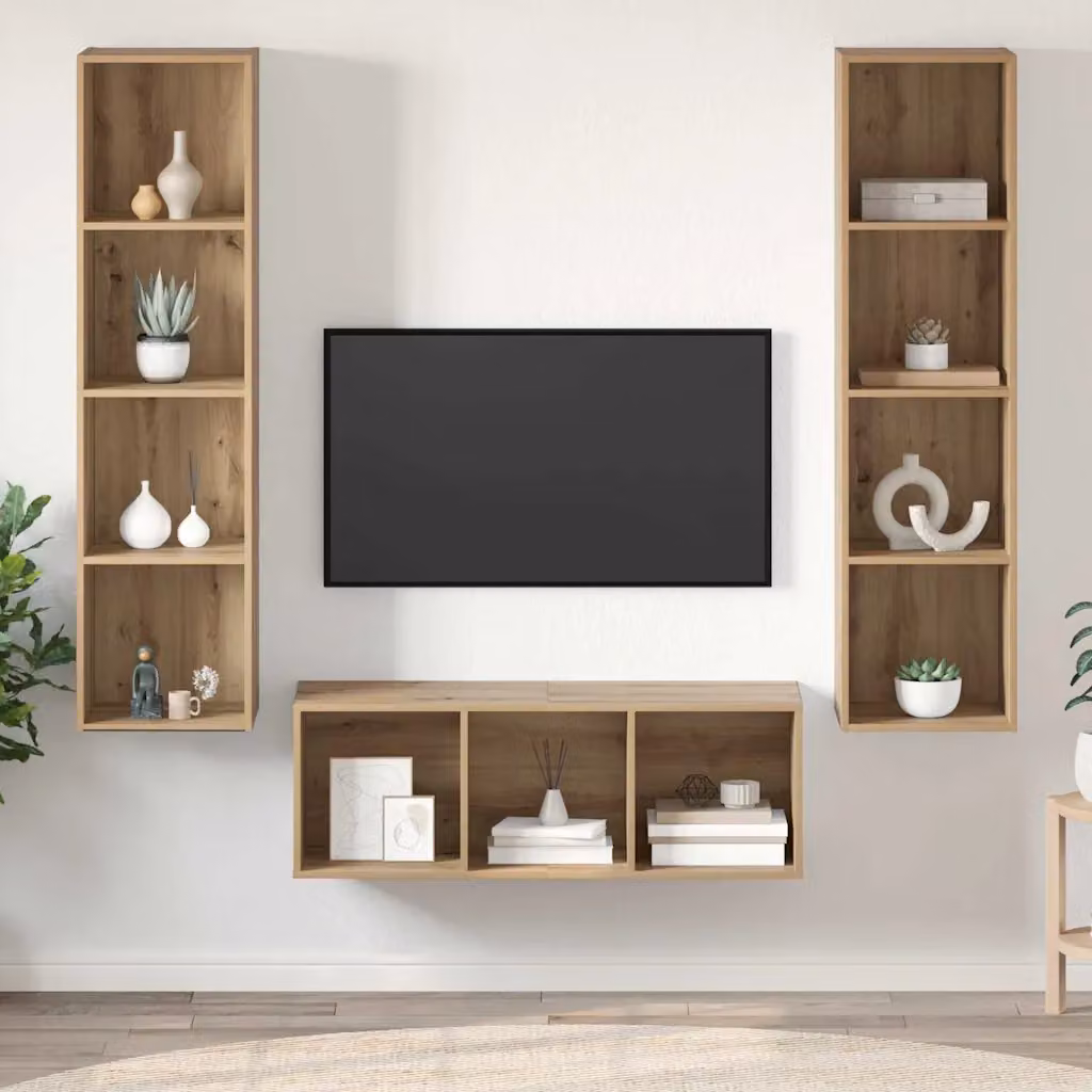 Set mobile TV moderno vidaXL in 3 pezzi color rovere opaco in legno e MDF per soggiorno – 1