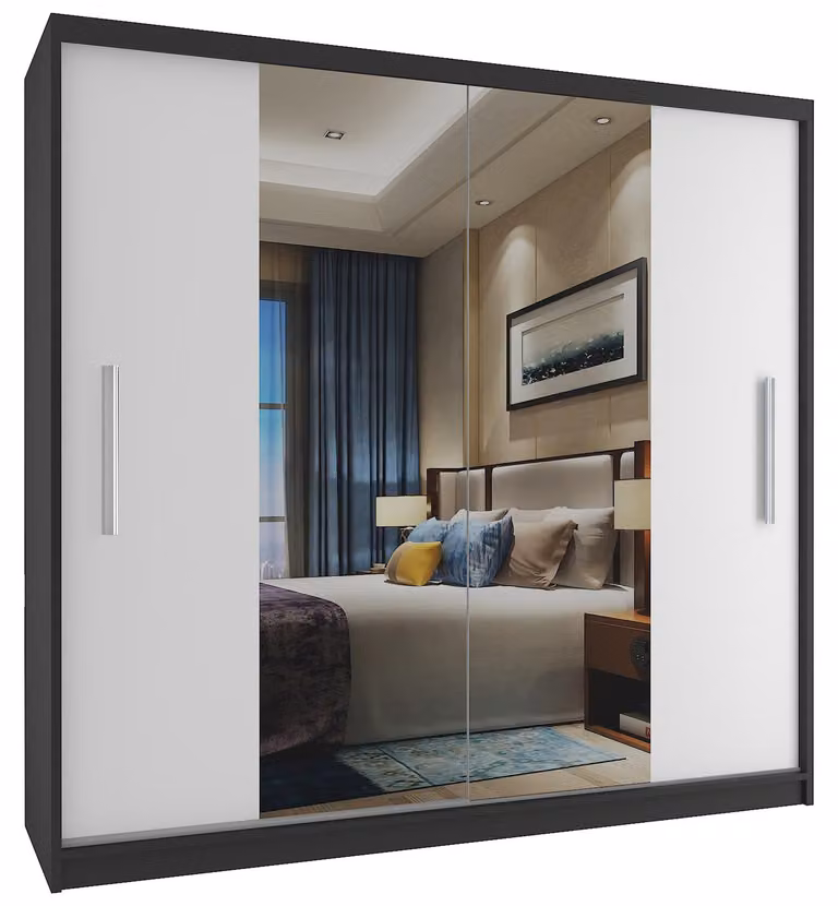 BELINI Verona, armadio scorrevole da 200 cm, nero/bianco opaco - armadio con specchio e appendiabiti, ideale per la camera da letto
