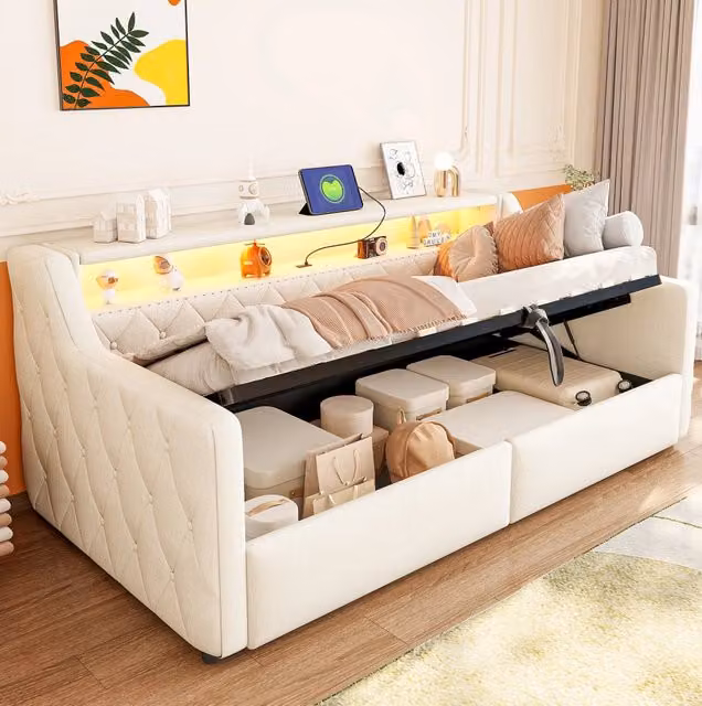 Letto divano 90x200 cm in lino beige con LED e vano contenitore, senza materasso –
