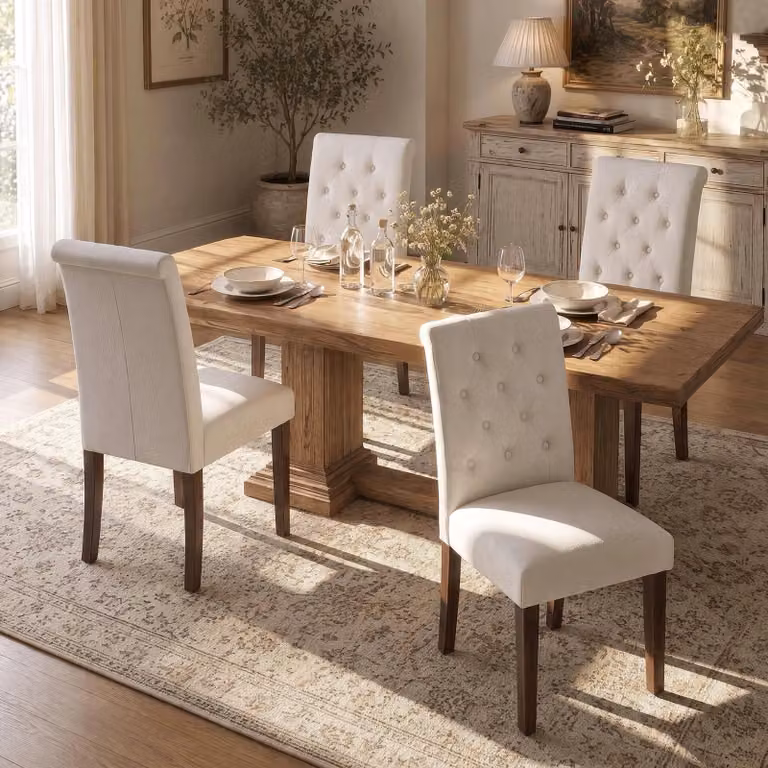 Set di sedie da pranzo - Stile Chesterfield - Rivestimento in tessuto imbottito con cuciture a bottone - 4 sedie - Gambe in legno massello - Colore beige