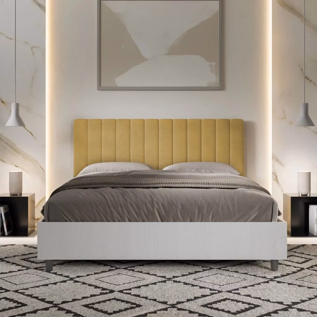 Letto Matrimoniale con Contenitore a Alzata Giordanoshop in Bianco Frassico e Testata in Microfibra L/P/H: 160 x 190 x 113 cm – 2