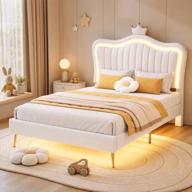 Letto bambino 90x200 cm bianco – LED e testiera a corona, senza materasso
