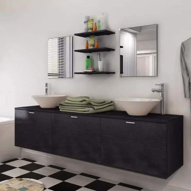Set di mobili da bagno moderno vidaXL composto da 8 pezzi con lavabo in ceramica e mobili sospesi in legno, colore nero e bianco – 1