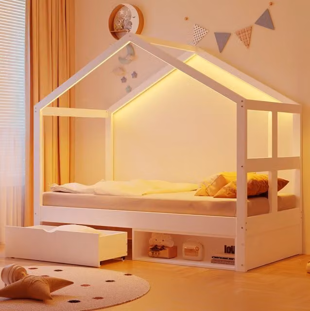 Letto singolo a casetta ULEVR 90x190 cm con cassetti, vano portascarpe e striscia luminosa multicolore, bianco