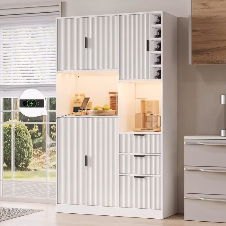 Mobiletti da cucina con illuminazione a LED e prese, mobiletto alto con scaffalatura per vino e 3 cassetti, dimensioni 105x40x180 cm, colore bianco