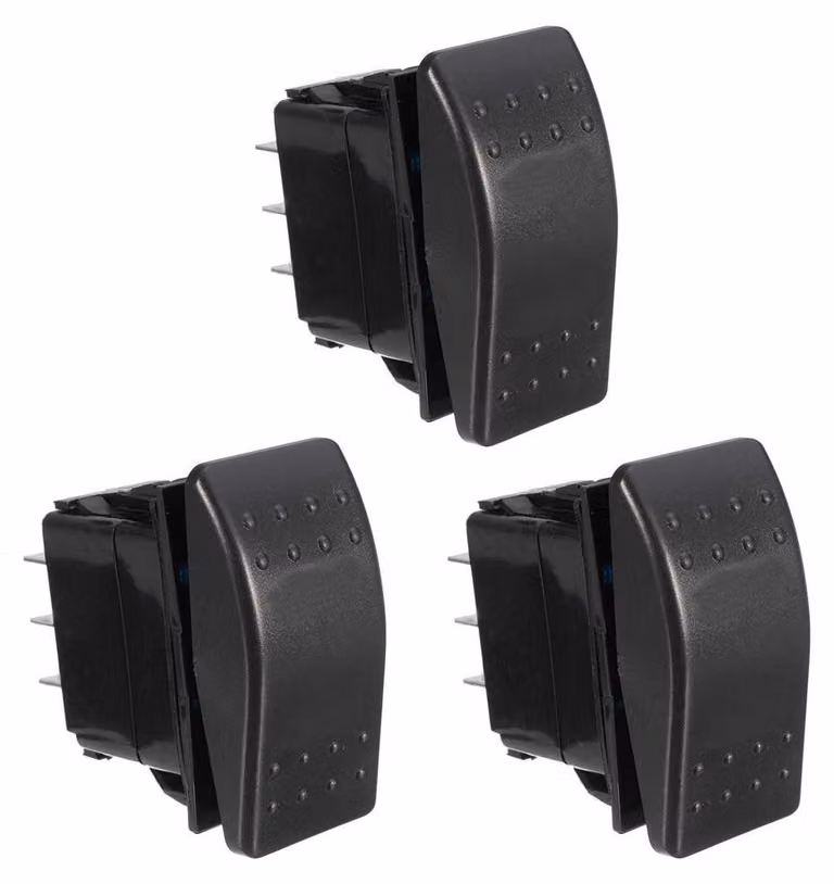 Interruttore momentaneo a levetta, con posizione centrale di ritorno, tipo DPDT, 6 poli, 12V/20A, 24V/10A, grado di protezione IP65