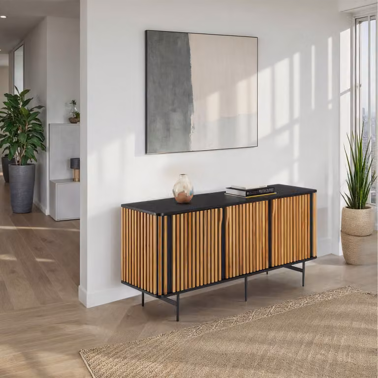 Credenza Lineo TecTake con estetica a lamelle e 3 scomparti, nero/marrone, L: 74,0 cm, P: 45,5 cm, H: 45,5 cm