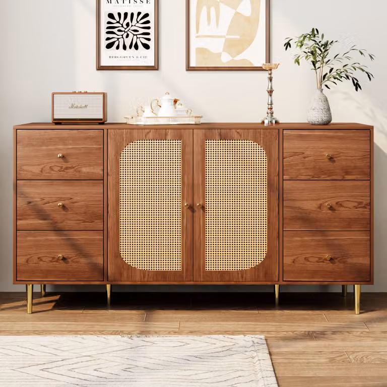 Credenza Flieks in rattan a 2 ante e 6 cassetti, mobile da soggiorno 160x40x90 cm, mobile da appoggio TV, colore legno