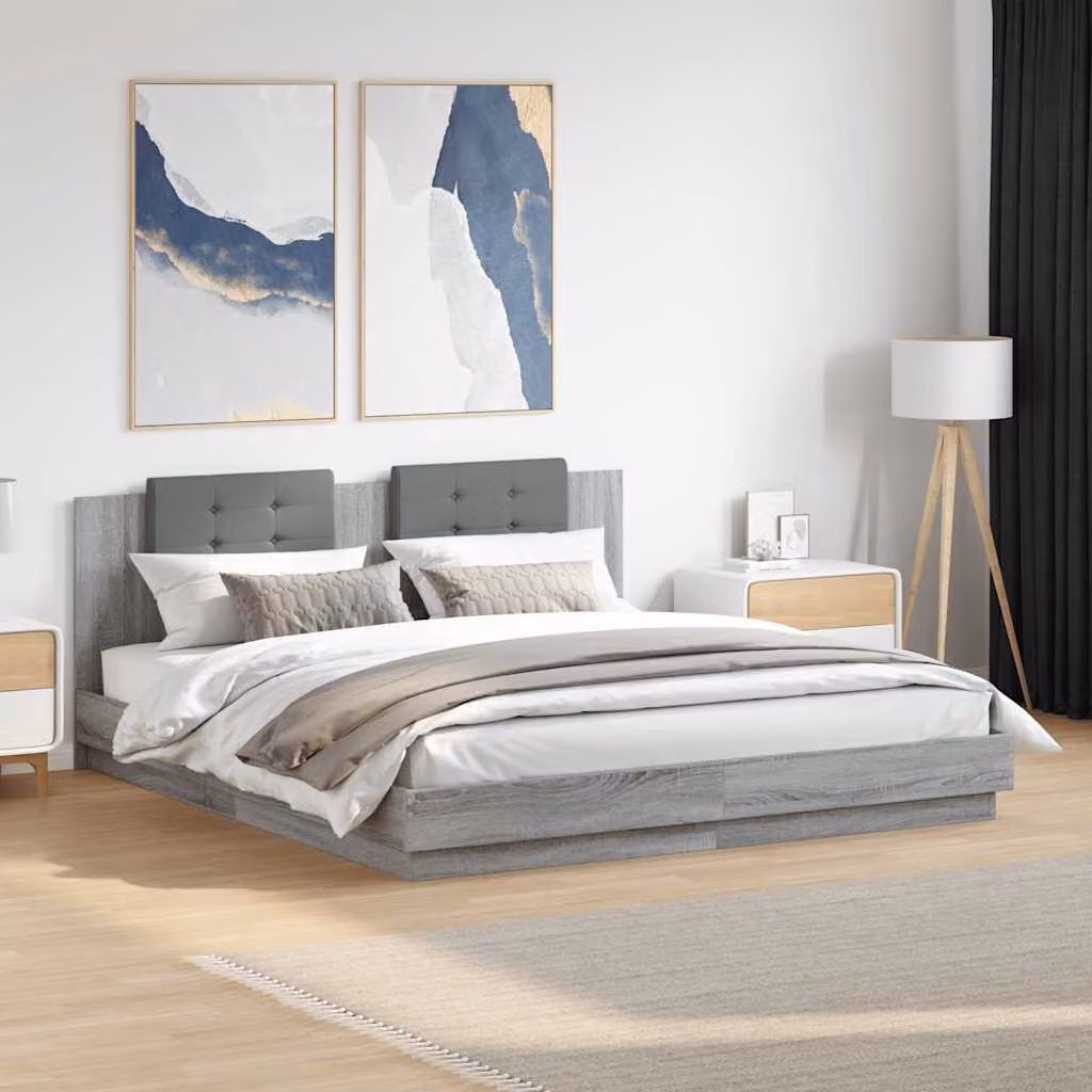vidaXL Giroletto con Testiera, Illuminazione LED e Porte USB, Grigio Sonoma, 160 x 200 cm – 1