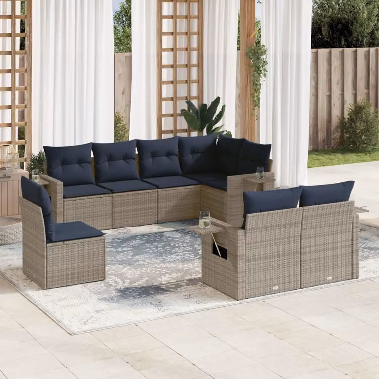 Set di divani da giardino vidaXL in polyrattan grigio con 8 pezzi e cuscini inclusi