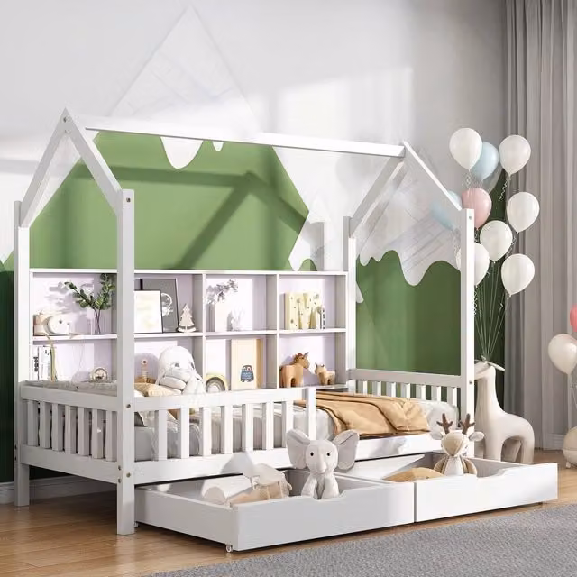 Letto Casetta per Bambini con Cassetti, Libreria e Contenitore ¨C MINIMAL ¨C Bianco 90x200