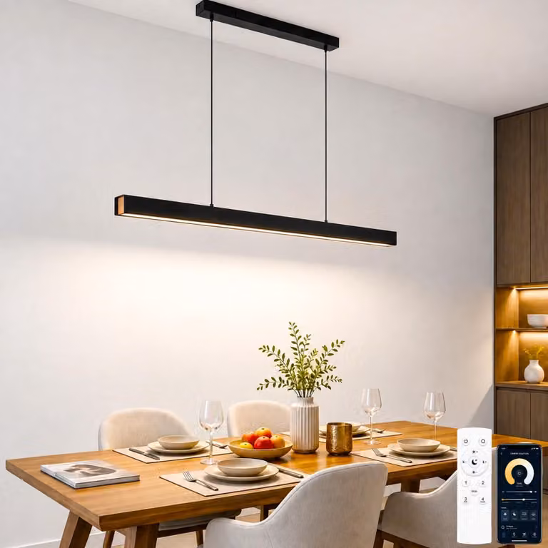 Lampada a sospensione a LED per tavolo da pranzo, con telecomando e controllo tramite app, finitura effetto legno, colore nero, diametro 80 cm