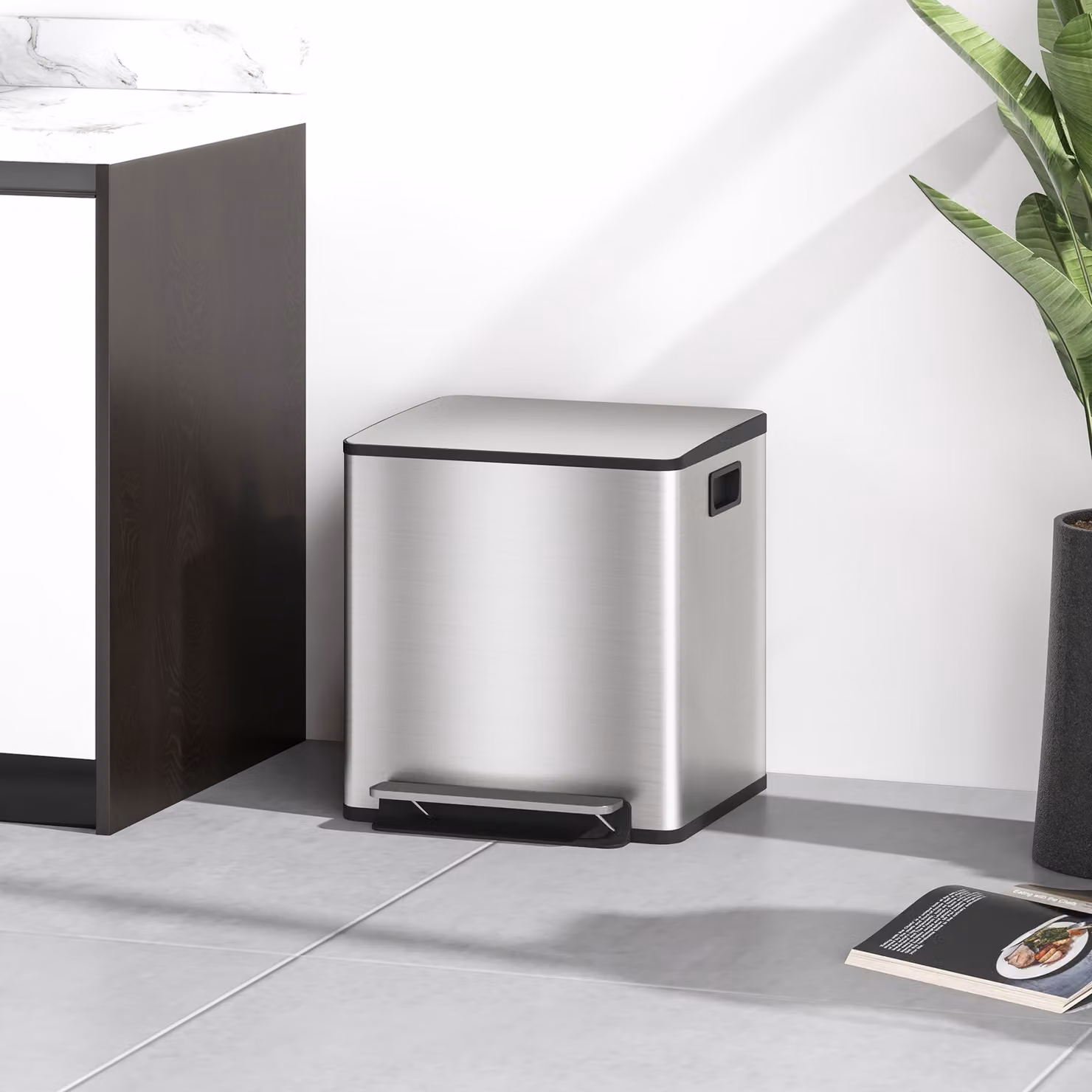 Bidone Immondizia a 2 Sezioni HOMCOM da 15L con Pedale e Coperchio Silenzioso, Acciaio Inox e PP, Argento, L/P/H: 41.8 x 36.7 x 44 cm – 2