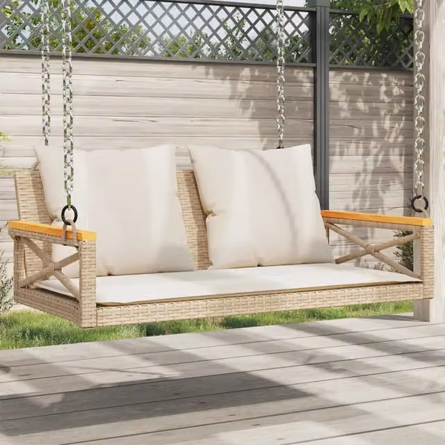 Panchina a dondolo moderna vidaXL in polyrattan con cuscini beige e legno di acacia L: 109 cm, P: 62 cm, H: 40 cm