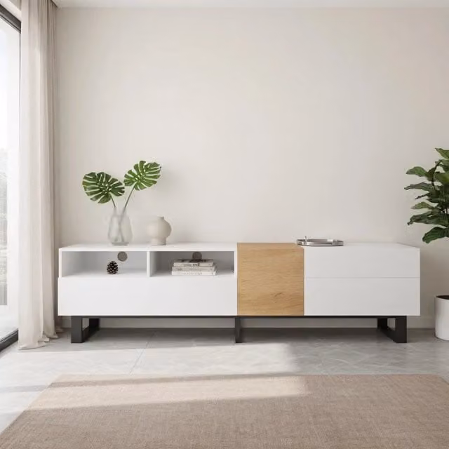 Cassettiera TV bianca e legno; in MDF; lunghezza 180 cm