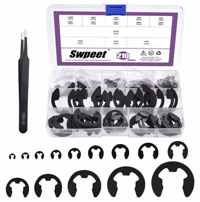 Set di clip E-Clip, 210 pezzi, Acciaio al carbonio, dimensioni M1,5–M15, con pinzette