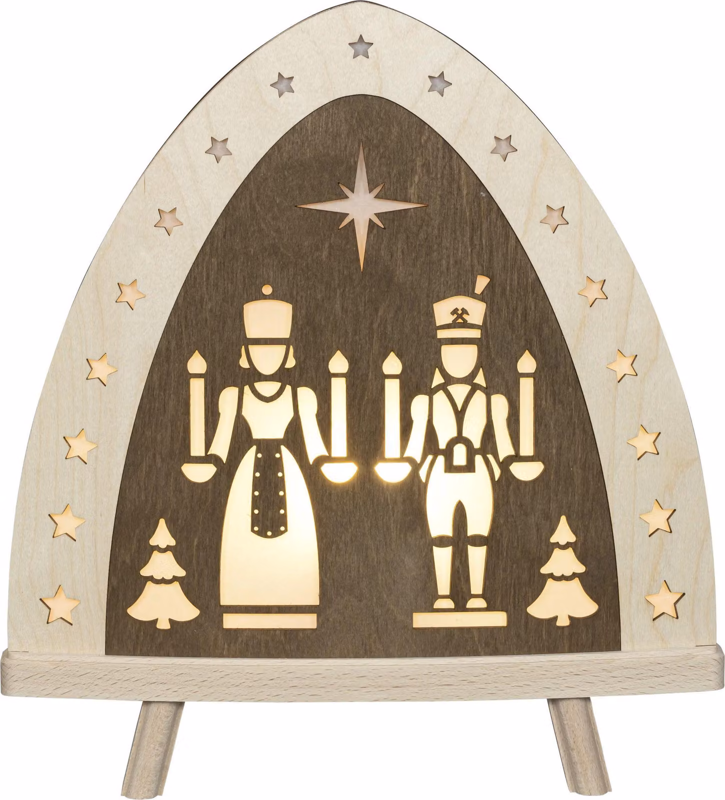 Lichterspitze, decorazione "Angelo e Minatore", illuminazione LED, colore marrone, dimensioni: 30x32x6 cm, NUOVO